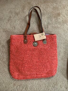 Patricia Nash Coral Woven Tote with Brown Leather Handles